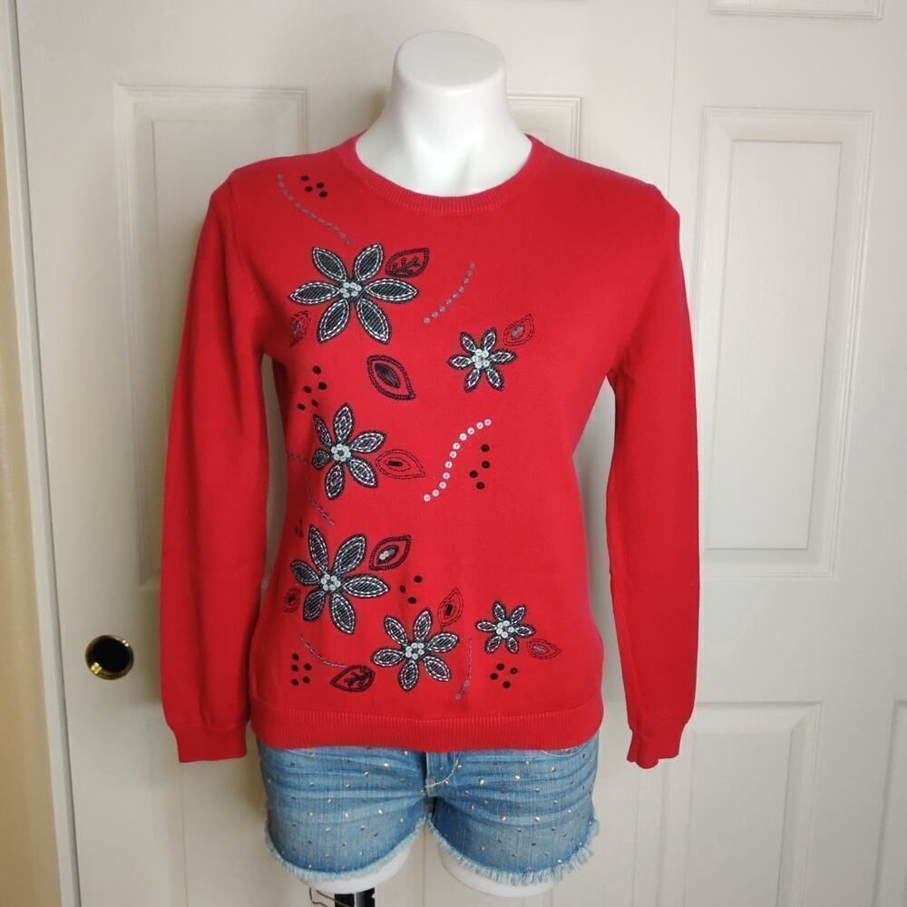 Alfred Dunner floral embroidered sequins crew neck sweater sz PL